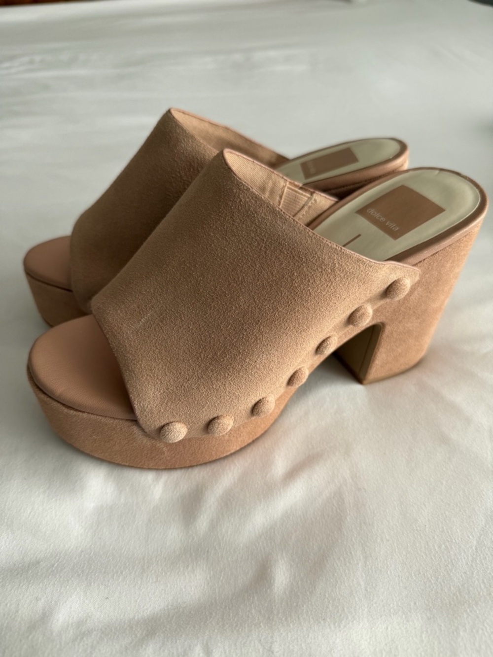 Dolce Vita "Emol" Blush Pink Tan Suede Platform Clog Mules Open Toe Sandal 70s - Picture 9 of 16